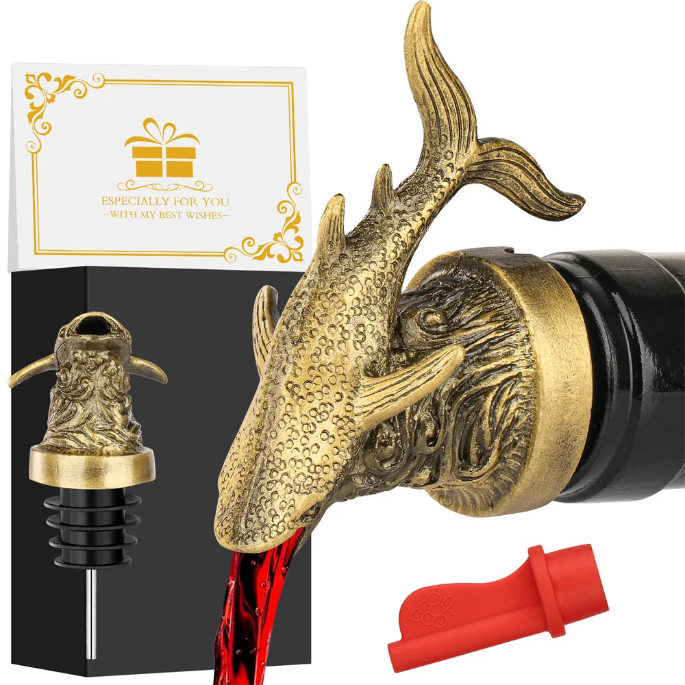 Wine Gift Whale Shark 2-In-1 Wine Bottle Pourer and Stopper Bronze/Grey Black Alloy Silicone Bottle Stoppers Kitchen Bar Tools