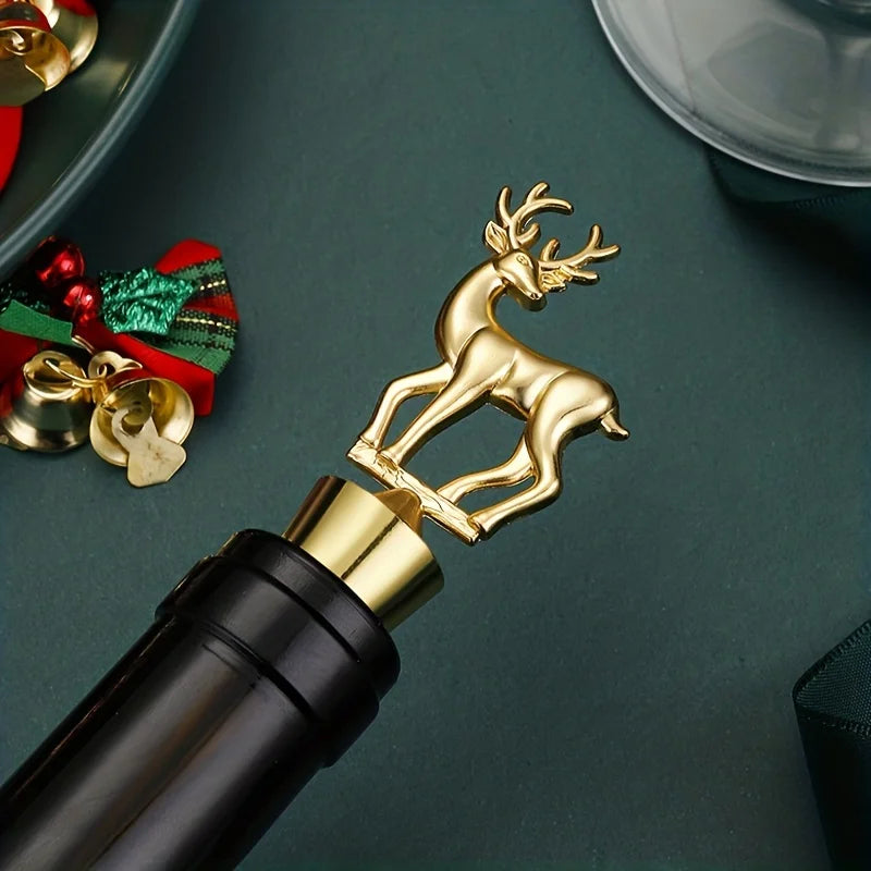 A gold-colored elk-shaped metal wine bottle stopper on a dark green background, with festive decorations around.