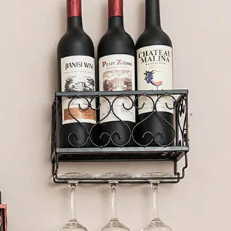 Wall-Mounted Wine Rack with Glass Holder – Rustic Metal Bottle Shelf for Home Bar & Kitchen Décor