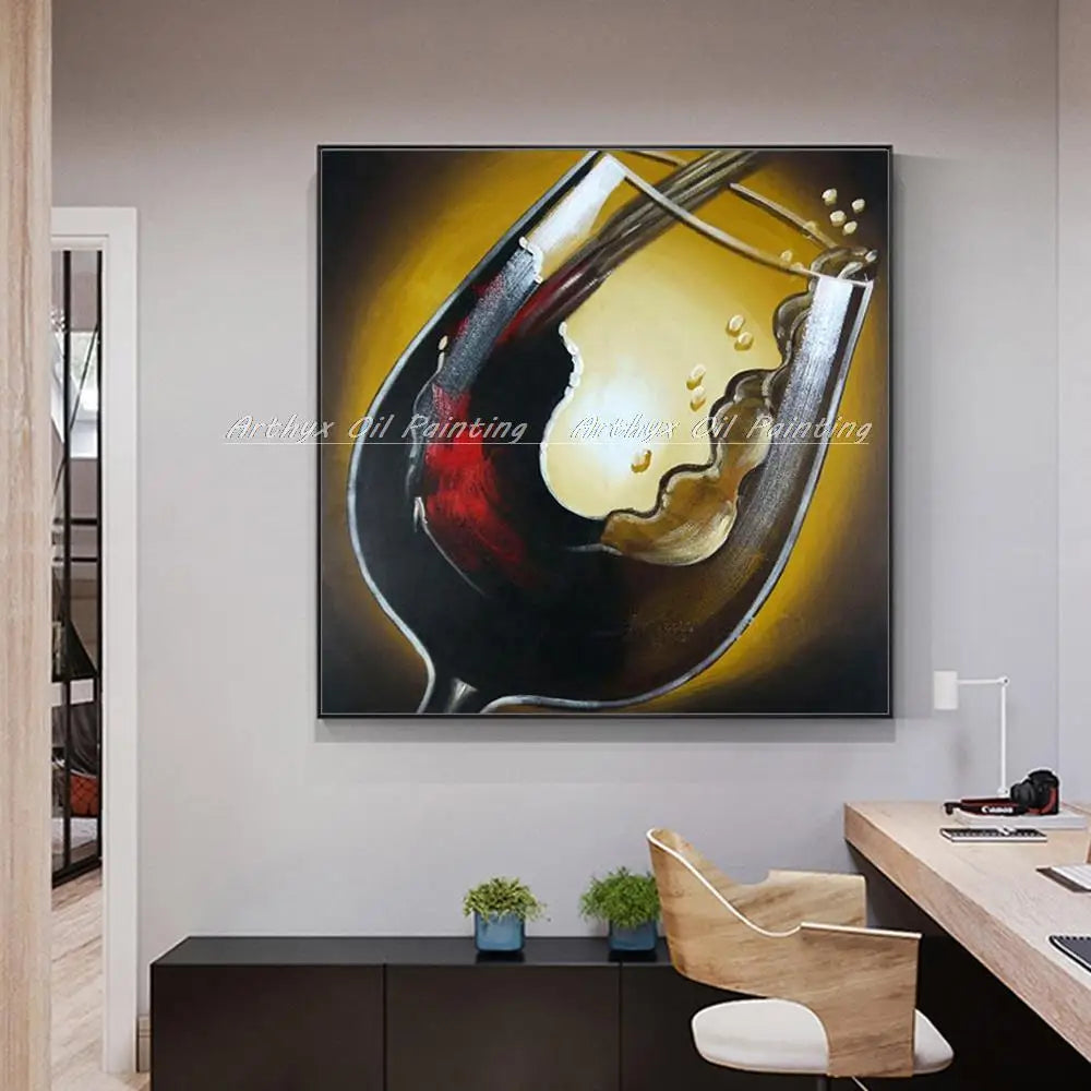 Arthyx Hand Painted Red Wine Glass Oil Painting On Canvas,Abstract Still Life Wall Art,Pictures For Living Room Home Hotel Decor