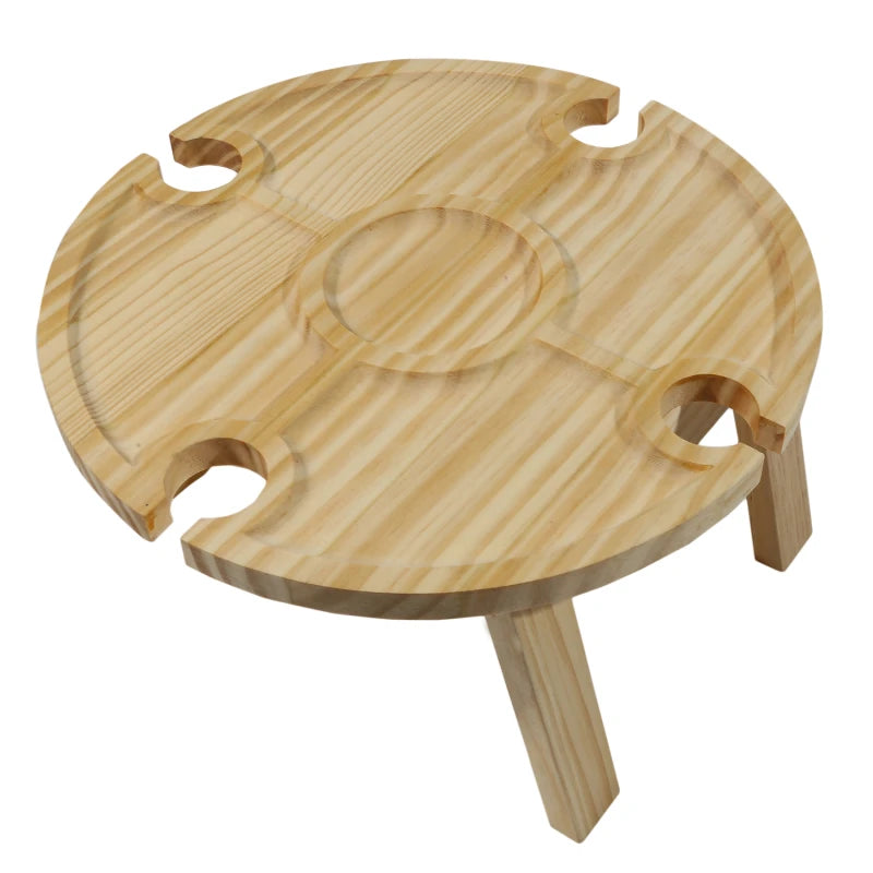 Wooden Folding Picnic Table Outdoor Portable Holder Round Foldable Desk Wine Glass Rack Collapsible Table For Garden Party