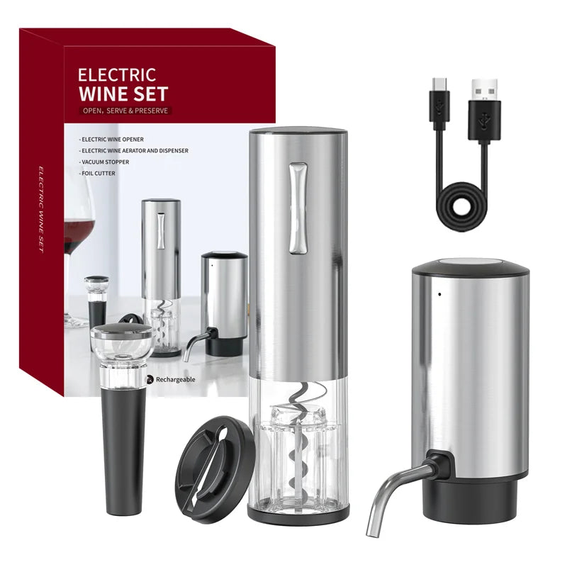 4 in1Electric Wine Opener Set With Electric Decanter and Aerator, Stainless Steel Rechargeable Wine Bottle Opener for Wine Lovers