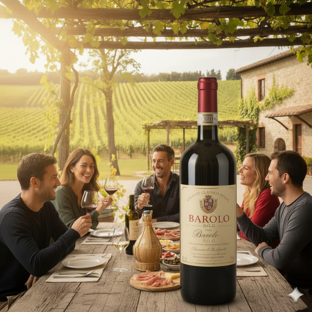 Celebration drinking Barolo in an Italian Vineyard