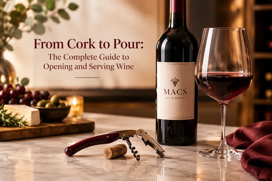 Opening and serving a bottle of wine with a corkscrew, wine glass and elegant table setting