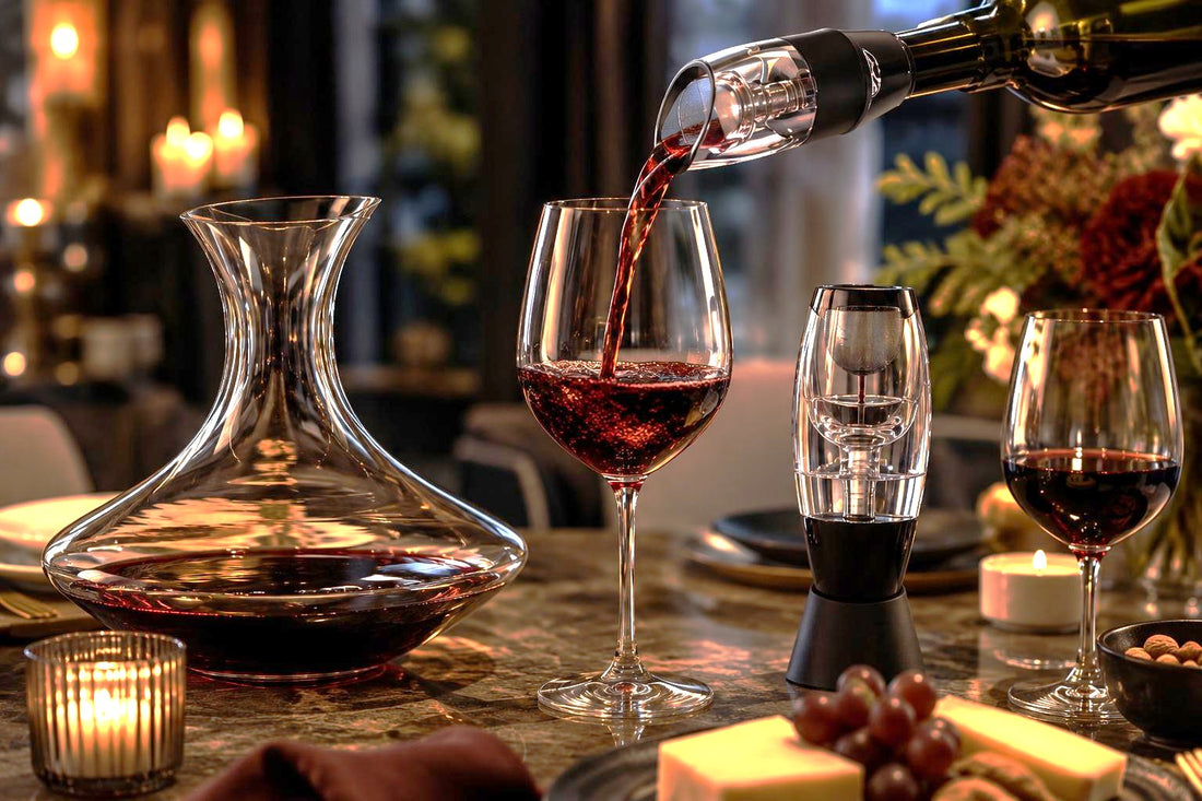 Crystal decanter, wine aerator, red wine being poured, elegant candlelit table.