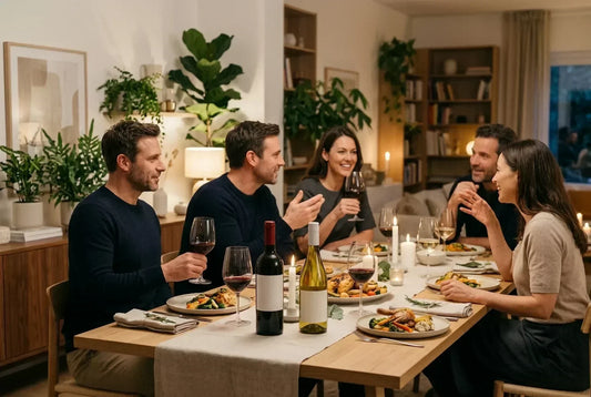 Elegant dinner party table with red and white wine prepared for guests