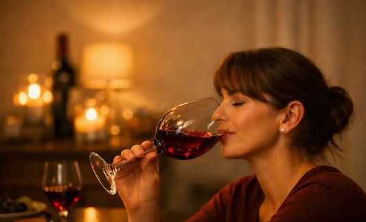 Person tasting red wine in an elegant wine glass