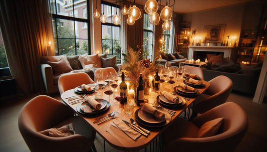 Elegant wine table setting with crystal wine glasses, red wine bottle, and candlelight for an elegant dinner gathering