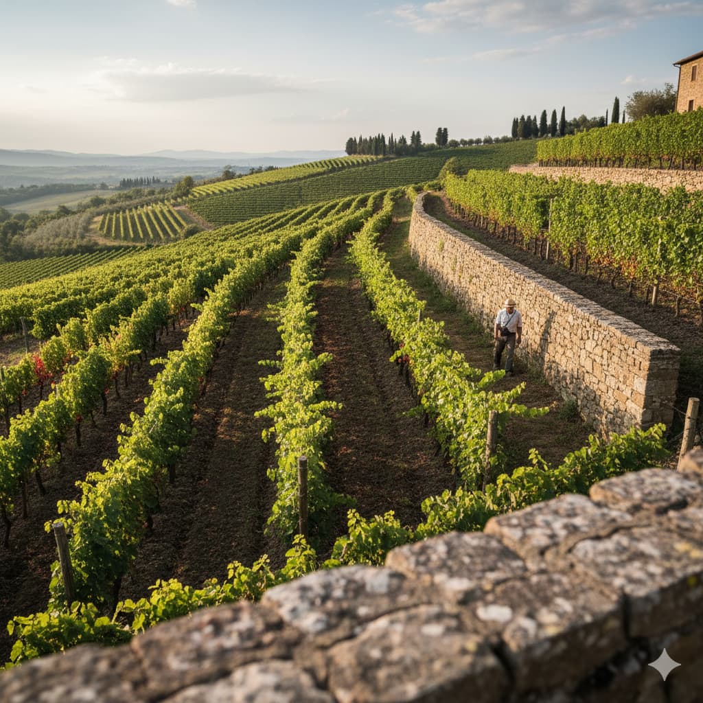 High-altitude Chianti Classico vineyards with stone terraces and Sangiovese vines.