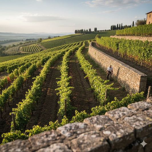 High-altitude Chianti Classico vineyards with stone terraces and Sangiovese vines.
