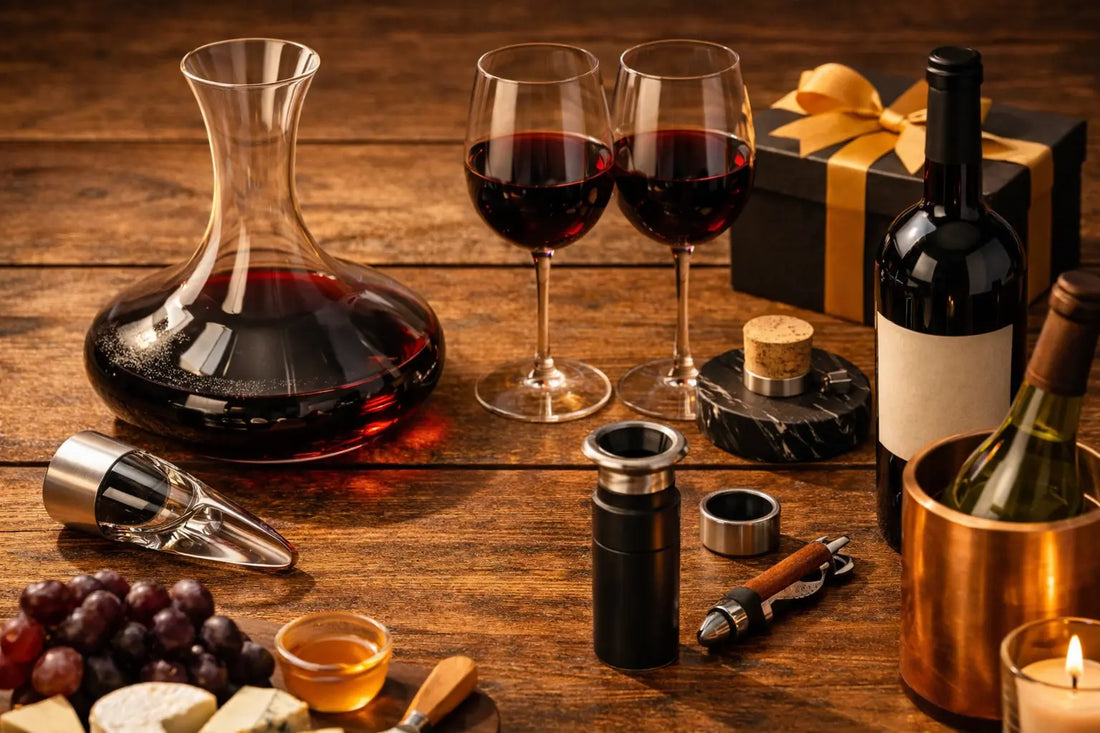 “Luxury wine gift flat lay with MACS Magic Wine Decanter, aerator pourer, corkscrew, wine glasses, and cheese board with grapes.”