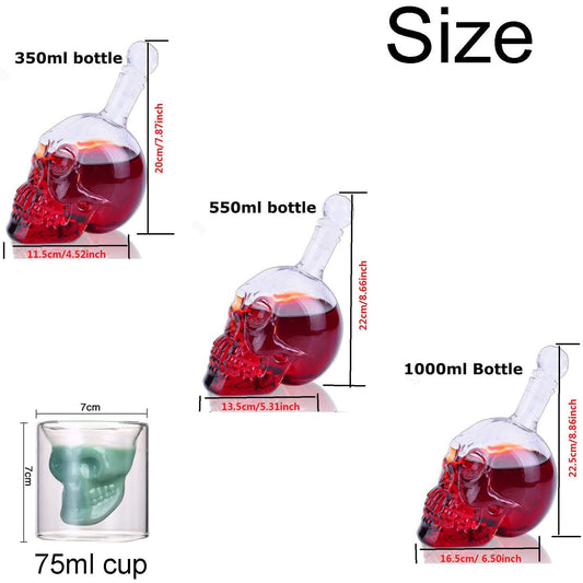 Size comparison chart of skull-shaped bottles and a cup with measurements.