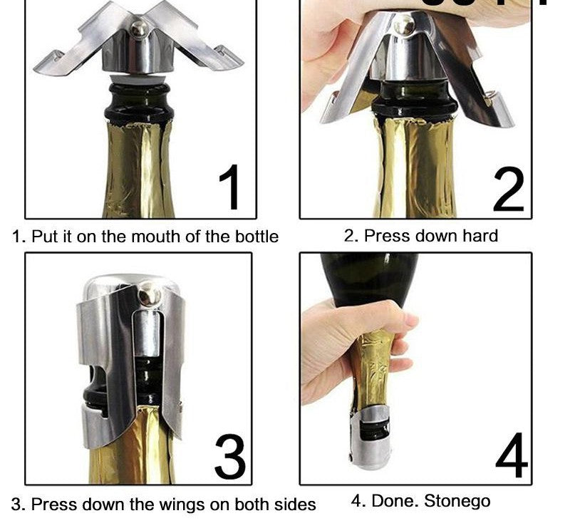 Four-panel guide demonstrating how to secure a stainless steel Champagne and sparkling wine bottle stopper on a bottle