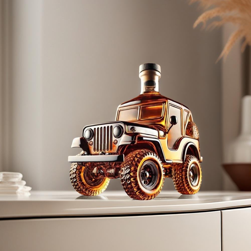 Bottle shaped like a Jeep on a surface with a neutral background