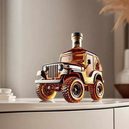 Bottle shaped like a Jeep on a surface with a neutral background