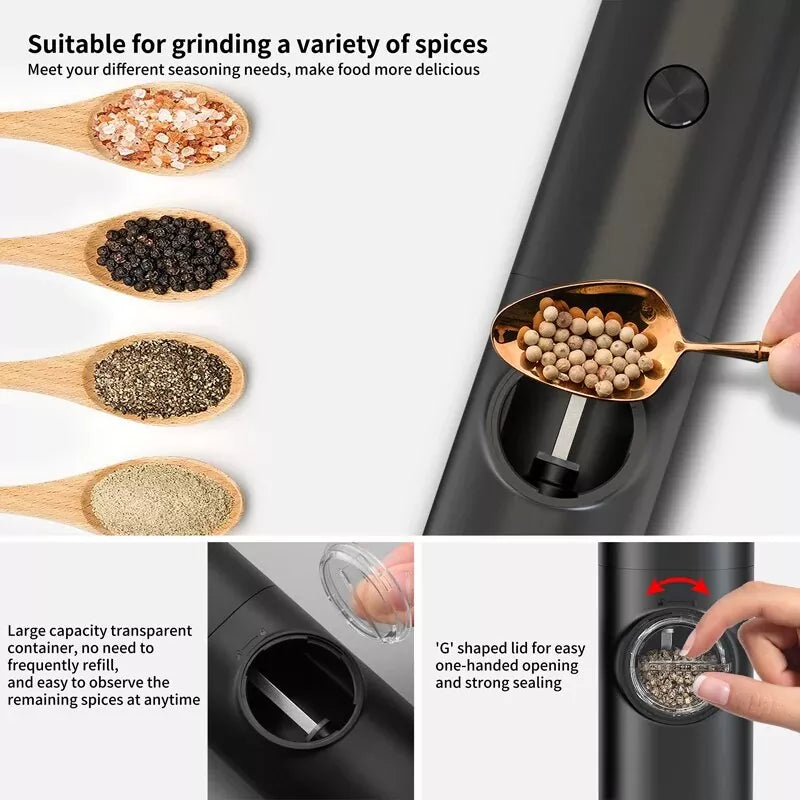 Automatic spice grinder with wooden spoons filled with assorted spices and feature details