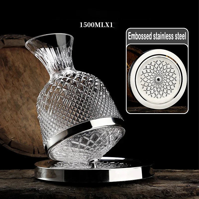Decorative Spinning Decanter with embossed stainless steel base on a wooden surface