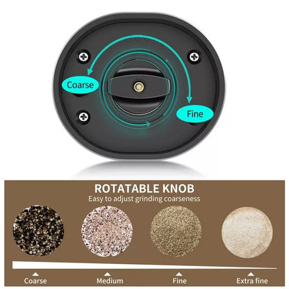 Rotatable knob for adjusting pepper grinding coarseness from fine to coarse