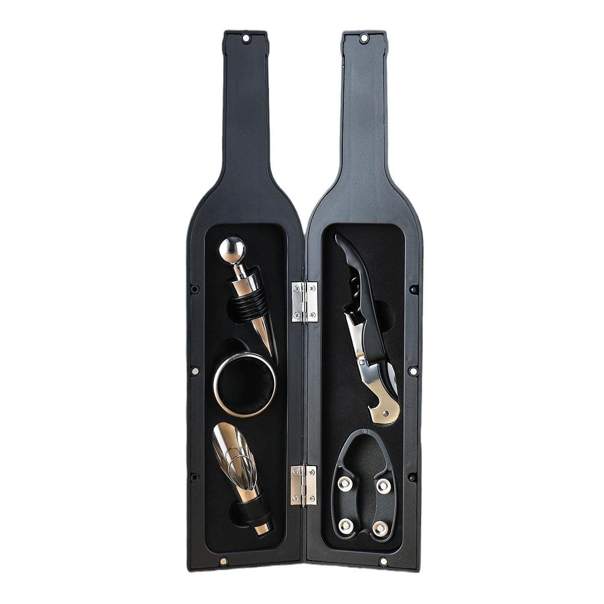 Wine bottle-shaped set with corkscrew, bottle opener, and other tools on a white background