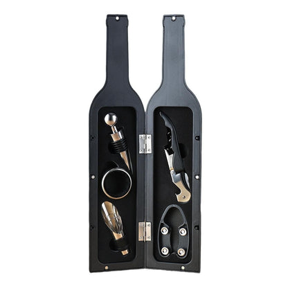 Wine bottle-shaped set with corkscrew, bottle opener, and other tools on a white background