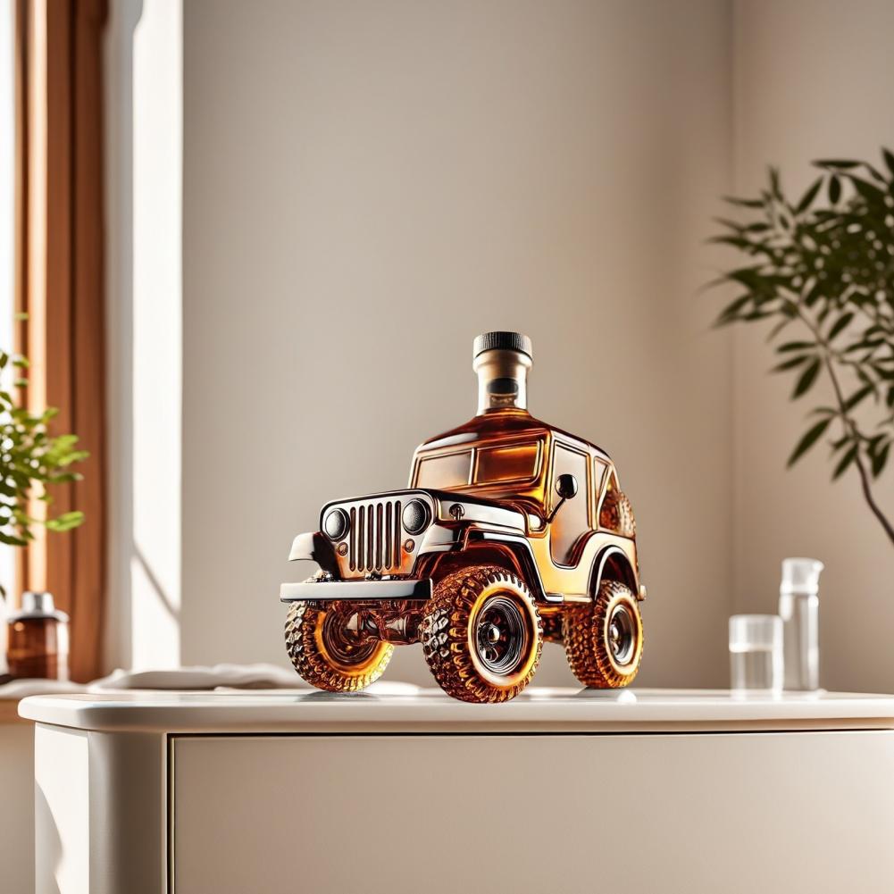 Bottle shaped like a vintage jeep on a surface with a neutral background