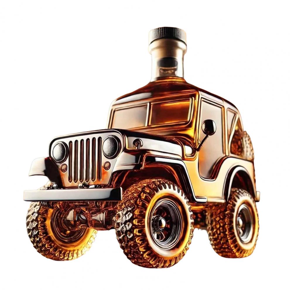 Bottle shaped like a Jeep with a brown liquid inside on a white background