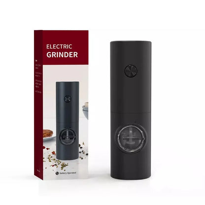 Black automatic pepper grinder with packaging on a white background