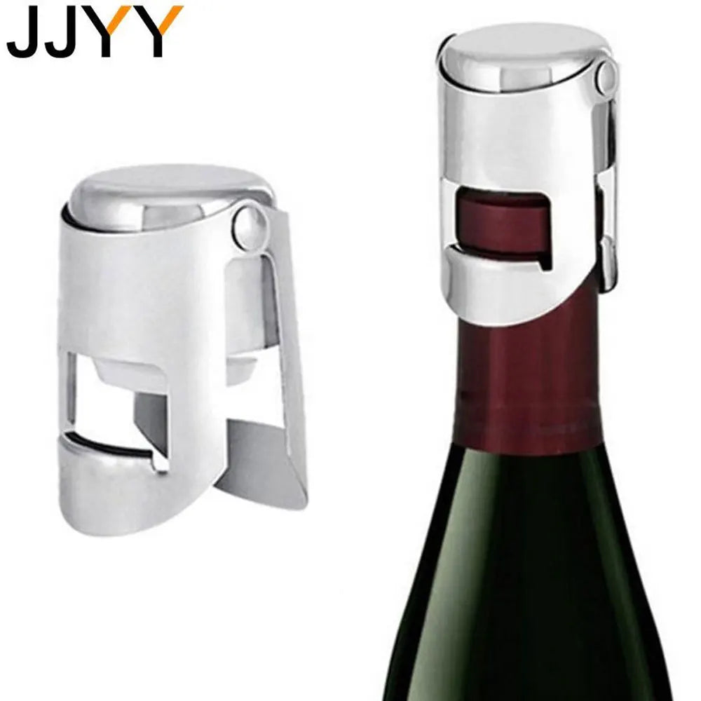 Silver stainless steel Champagne and sparkling wine bottle stopper beside a wine bottle on a white background