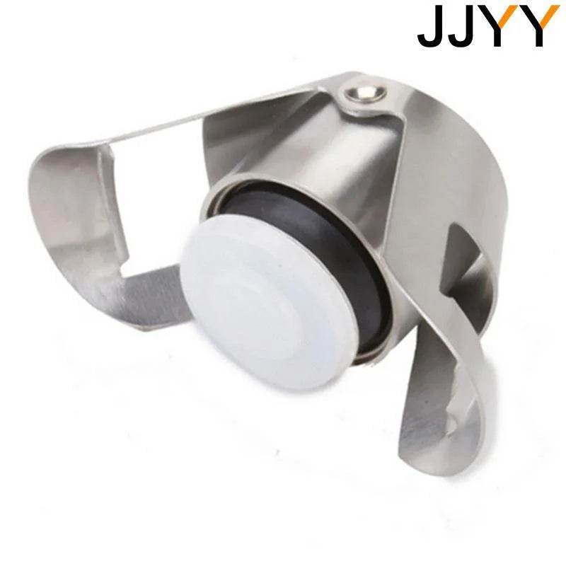 Stainless steel Champagne and sparkling wine stopper with silicone sealing insert on a white background

