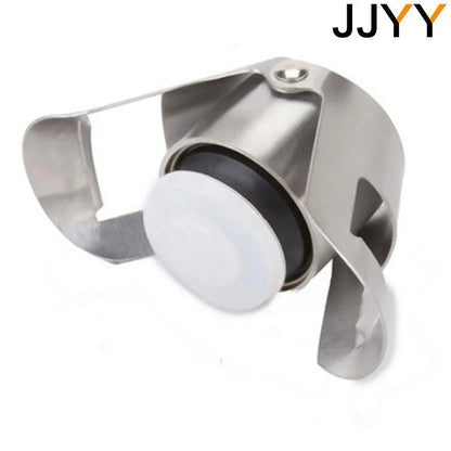 Stainless steel Champagne and sparkling wine stopper with silicone sealing insert on a white background


