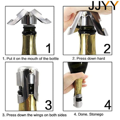Step-by-step guide showing how to secure a stainless steel Champagne and sparkling wine stopper on a bottle