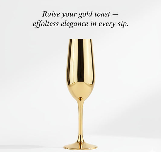Gold champagne flute with text on a white background