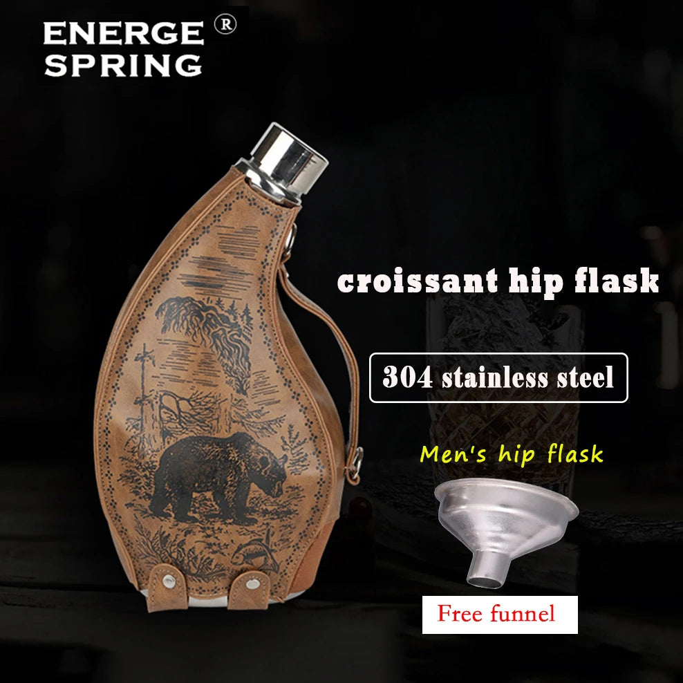 53oz Stainless Steel Horns Hip Flask, Portable Leather Case, Ox Horn Flagon With funnel high-capacity, Wine jug