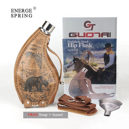 53oz Stainless Steel Horns Hip Flask, Portable Leather Case, Ox Horn Flagon With funnel high-capacity, Wine jug