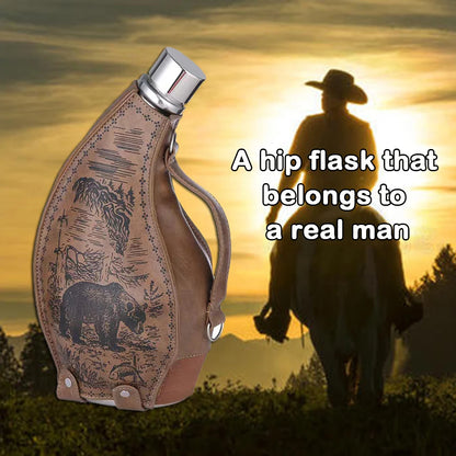 53oz Stainless Steel Horns Hip Flask, Portable Leather Case, Ox Horn Flagon With funnel high-capacity, Wine jug
