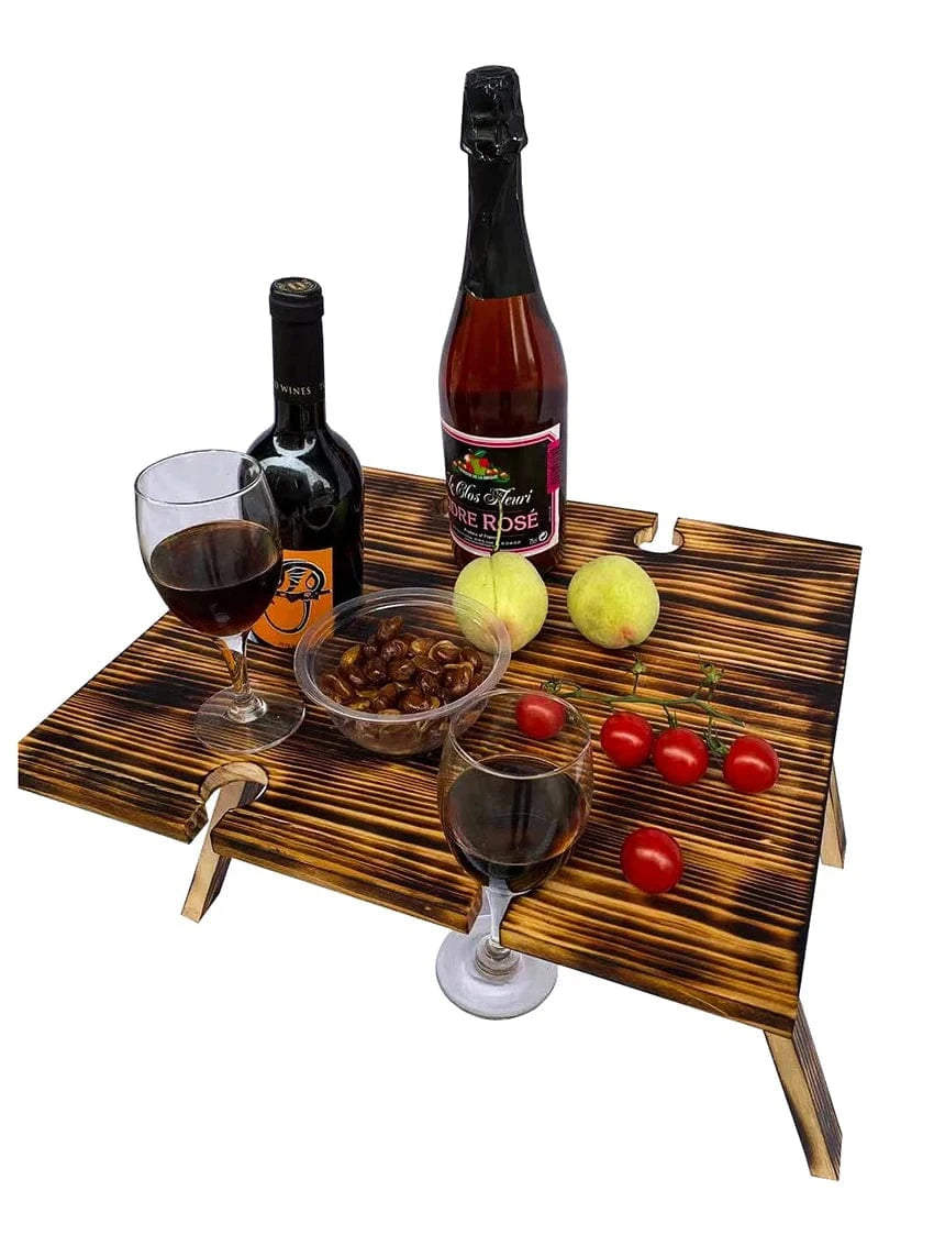 Outdoor Wine Picnic Table, Folding Portable Wood Camping Snack Table with Wine Bottle and Glass Holder, 34x30cm, 30x24cm