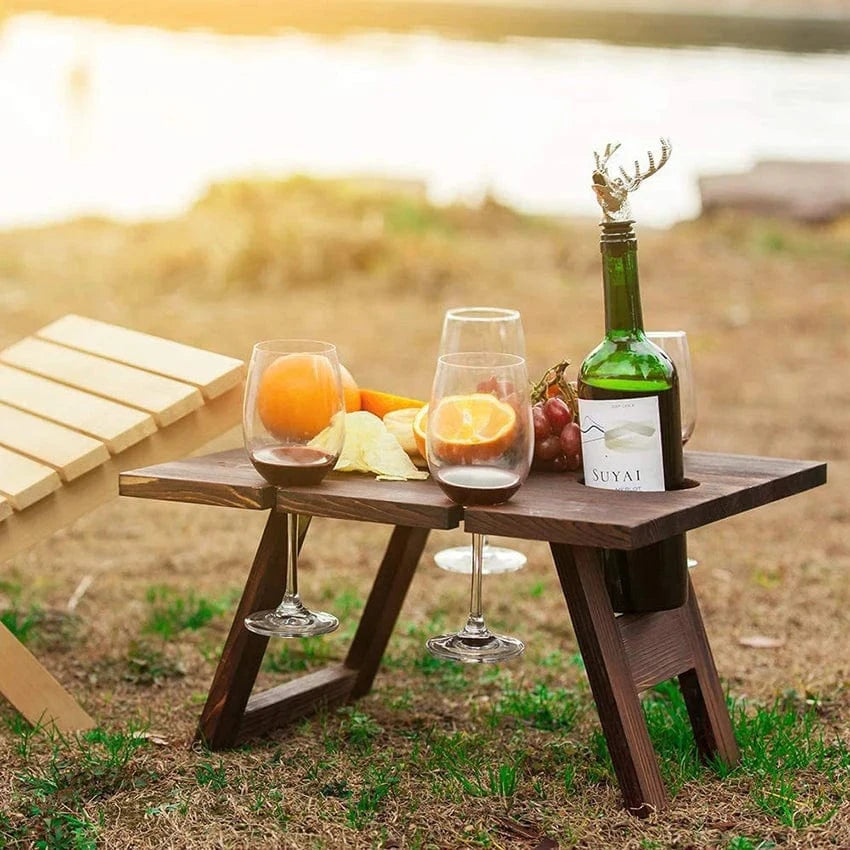 Outdoor Wine Picnic Table, Folding Portable Wood Camping Snack Table with Wine Bottle and Glass Holder, 34x30cm, 30x24cm