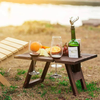 Outdoor Wine Picnic Table, Folding Portable Wood Camping Snack Table with Wine Bottle and Glass Holder, 34x30cm, 30x24cm