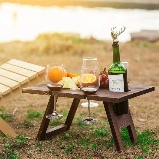 Outdoor Wine Picnic Table, Folding Portable Wood Camping Snack Table with Wine Bottle and Glass Holder, 34x30cm, 30x24cm
