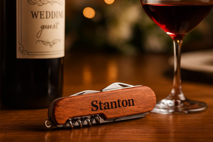 Custom Laser Engraved Wine Opener – Multifunctional Rosewood Tool & Pocket Knife for Weddings & Gifts