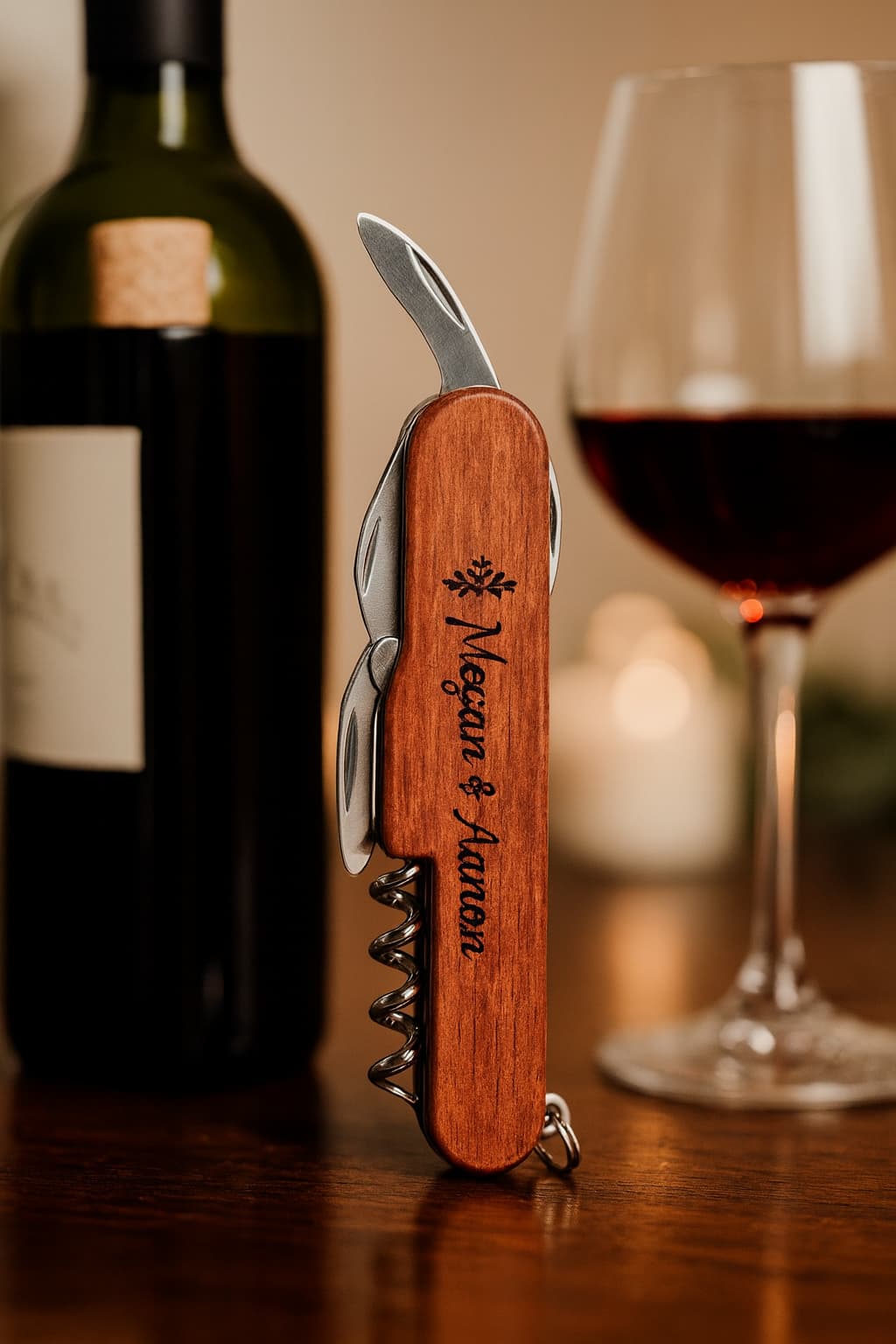 Custom Laser Engraved Wine Opener – Multifunctional Rosewood Tool & Pocket Knife for Weddings & Gifts