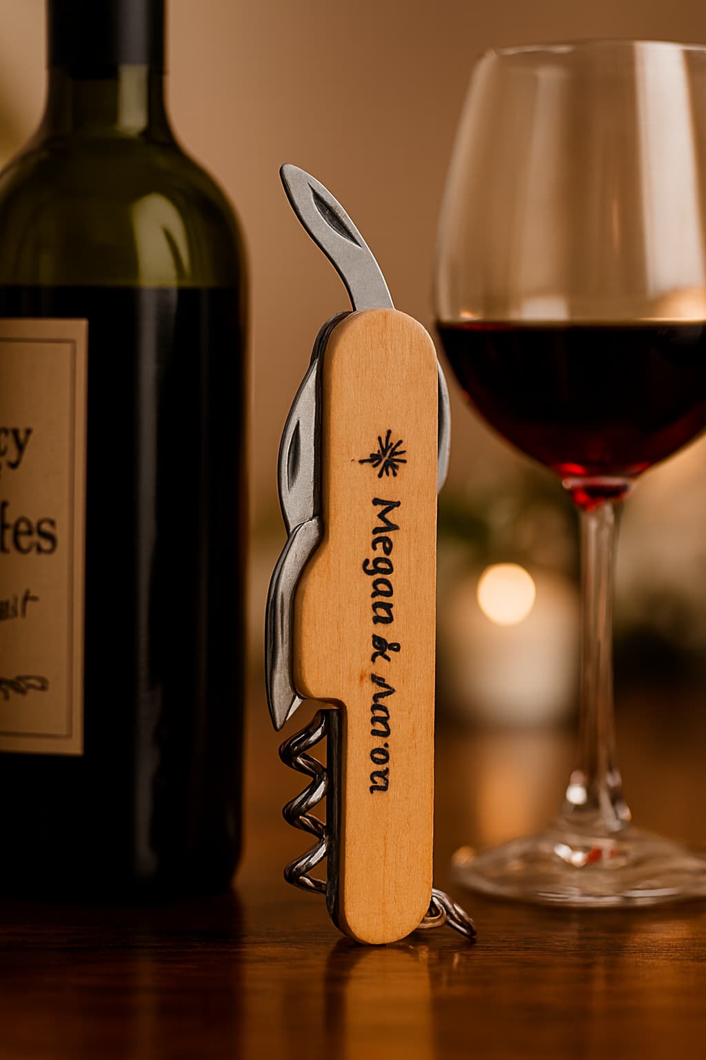 Custom Laser Engraved Wine Opener – Multifunctional Rosewood Tool & Pocket Knife for Weddings & Gifts