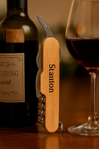 Custom Laser Engraved Wine Opener – Multifunctional Rosewood Tool & Pocket Knife for Weddings & Gifts