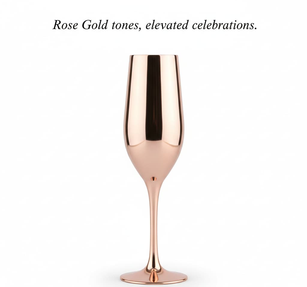 Rose gold champagne flute on a white background with text 'Rose Gold tones, elevated celebrations.'
