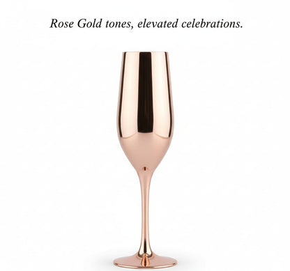 Rose gold champagne flute on a white background with text 'Rose Gold tones, elevated celebrations.'