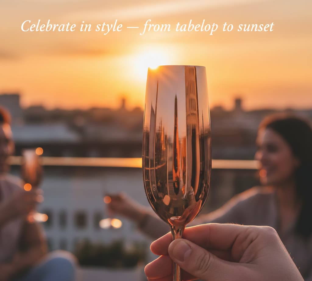 Champagne glass held by a hand with sunset and people in the background, text 'Celebrate in style -- from tabelop to sunset'.