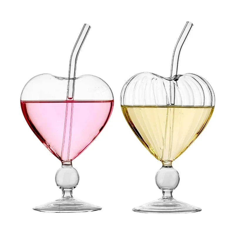1pc Heart Shaped Cocktail Glass with Straw Clear Stemmed Wine Glass Creative Champagne Glasses Drinking Cups for Bar Pub Club