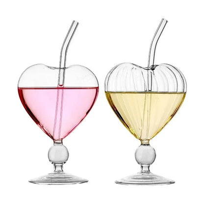 1pc Heart Shaped Cocktail Glass with Straw Clear Stemmed Wine Glass Creative Champagne Glasses Drinking Cups for Bar Pub Club
