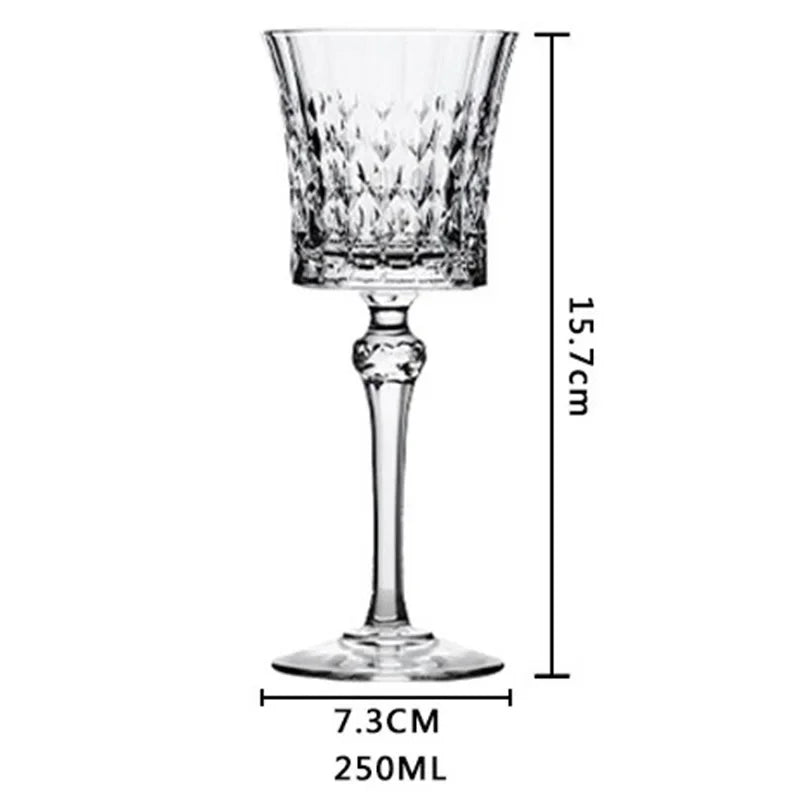 French-style 250ml crystal wine goblet with cut-crystal detailing with dimension lines indicating a height of 15.7 cm and a base diameter of 7.3 cm and 250ml capacity