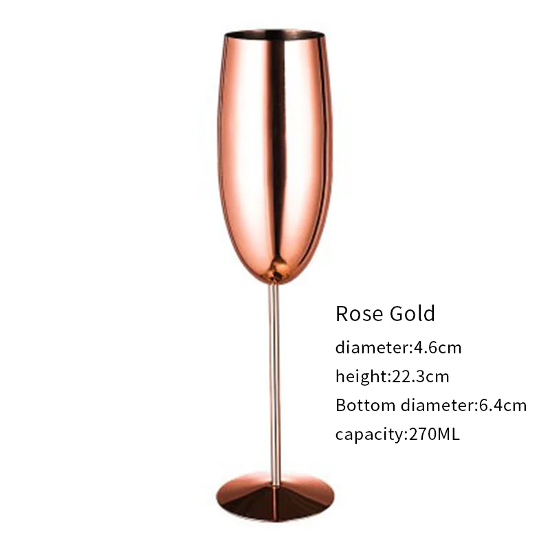 Rose gold champagne flute with specifications on a white background